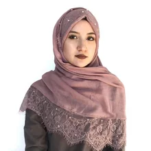 Best Offers Luxury pearl lace hijab scarf plain maxi shawl popular Muslim lace scarfs headbands hot sale 1pc High Quality