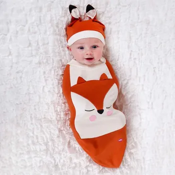 

2Pcs Fox Pattern Newborn Infant Baby Girl Boy Orange Swaddle Wrap Blanket Sleeping Bag 3D Ears Gown Hat And Wrap 2 Pieces Set