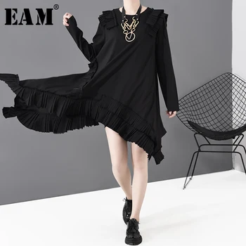 

[EAM] Women Black Asymmetrical Pleated Dress New Round Neck Long Sleeve Loose Fit Fashion Tide Spring Autumn 2020 JI04501