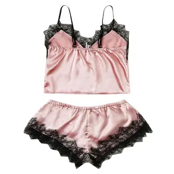 

2Pcs Women Sexy Bow Lace Pajamas Set Eyelash Lace Trim Vintage Floral Padded Camisole Wide Leg Shorts Babydoll Sleepwear