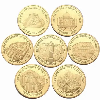 

7 Pieces/lot Cultural Collection Gold Coin China Great Wall / Colosseum Coin / Pyramid World Seven Wonders Commemorative Coin