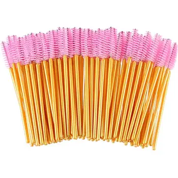 

300pcs Disposable Nylon Mascara Wands Pink Golden Handle Brushes Lashes Makeup Brushes Eyelash Extension Tools