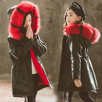

New Winter Girls Jacket Kids Waterproof PU Thick Outdoor Hooded School Winter Snow Keep Warm Coat For Girls