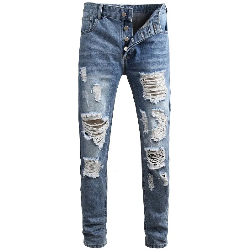 Men Streetwear Destroyed Ripped Jeans Homme Spring Summer Autumn Hip Hop Blue Large Size Trousers Denim Pants 29-42