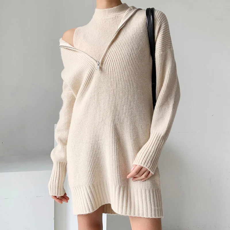 [EWQ] Spring 2022 Temperament Women New Solid Color Stand Neck Knitting Vests + Sailor Collar Zipper Design Sweater Dress 6R1347 |
