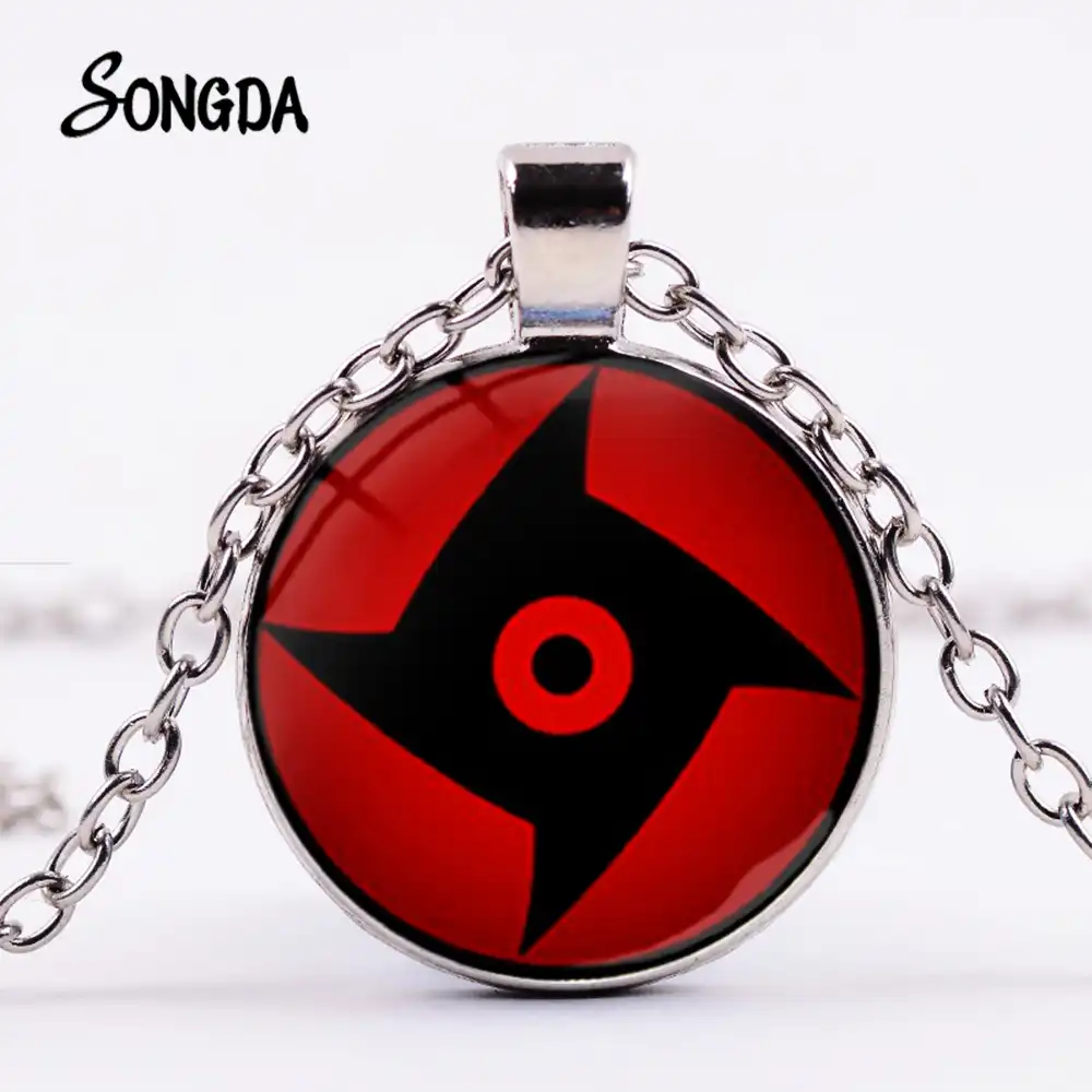 Songda Naruto Shippuden Collar Signo Clan Uchiha Ojo Sharingan Cadena De Plata Collares Con Pendientes Largos Cristal Domo Anime Amantes Regalo