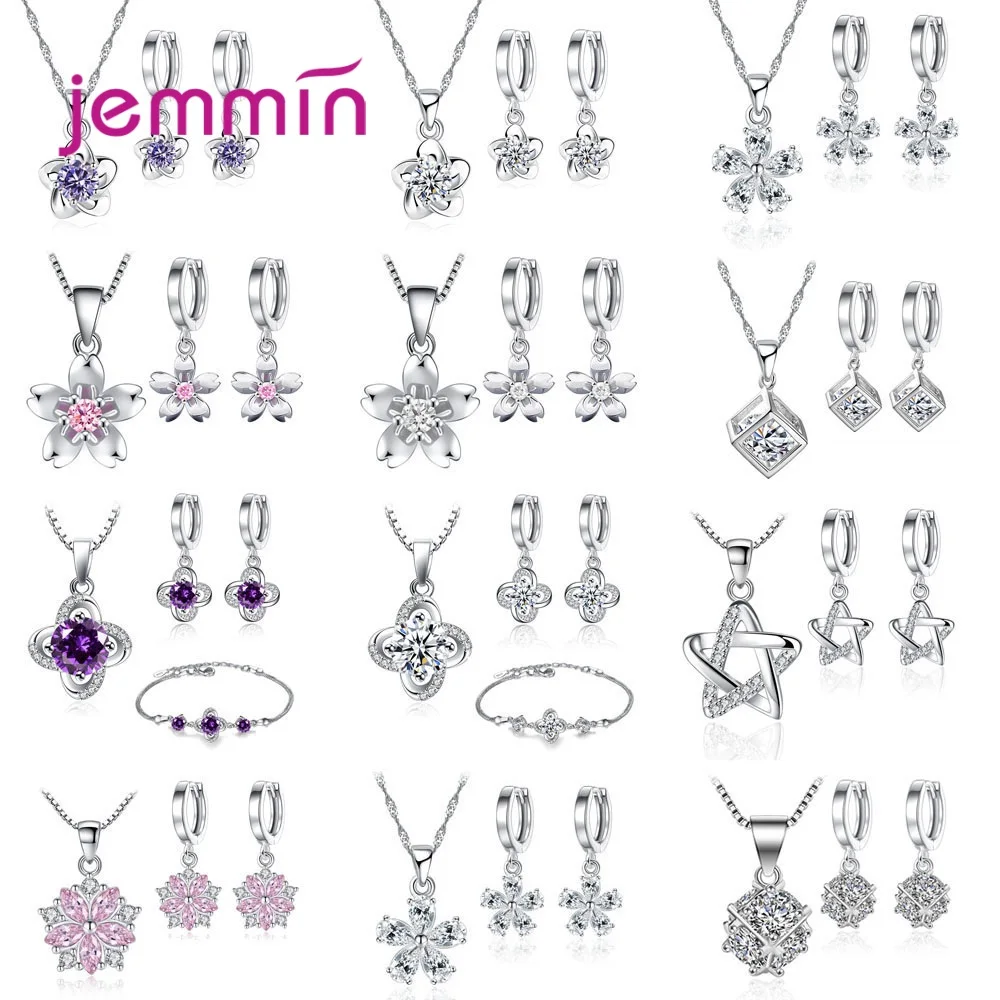 

925 Sterling Silver Bridal Jewelry Set Necklace Earrings For Women Engagement Trendy Style Geometric Design CZ Crystal