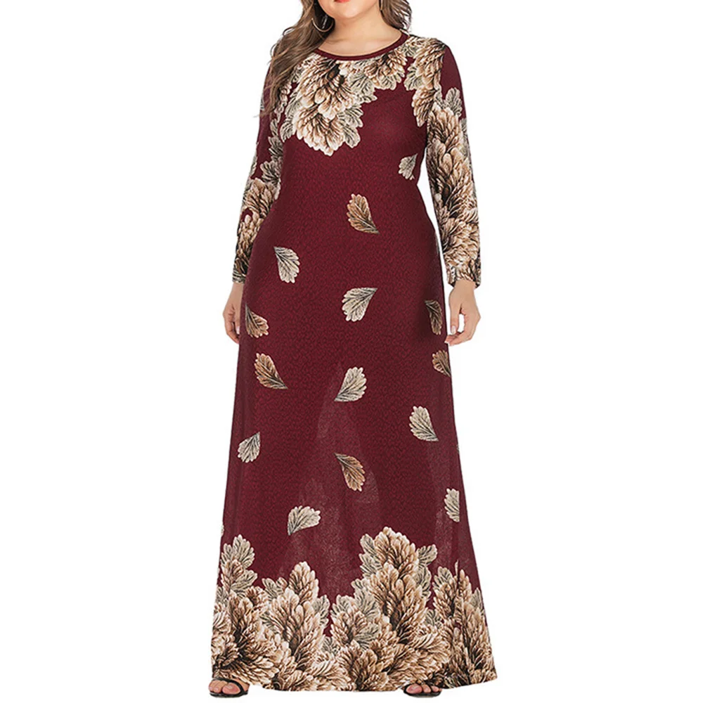 Abaya Jilbab Muslim Maxi Dress Foral Print Red Plus Size Kaftan Long Dress Vintage Fashion Islamic Clothings Long Robe 5XL