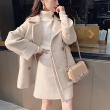 Autumn and winter gentle wind coat women's mid-length double-breasted suit collar woolen coat +Two-piece skirt