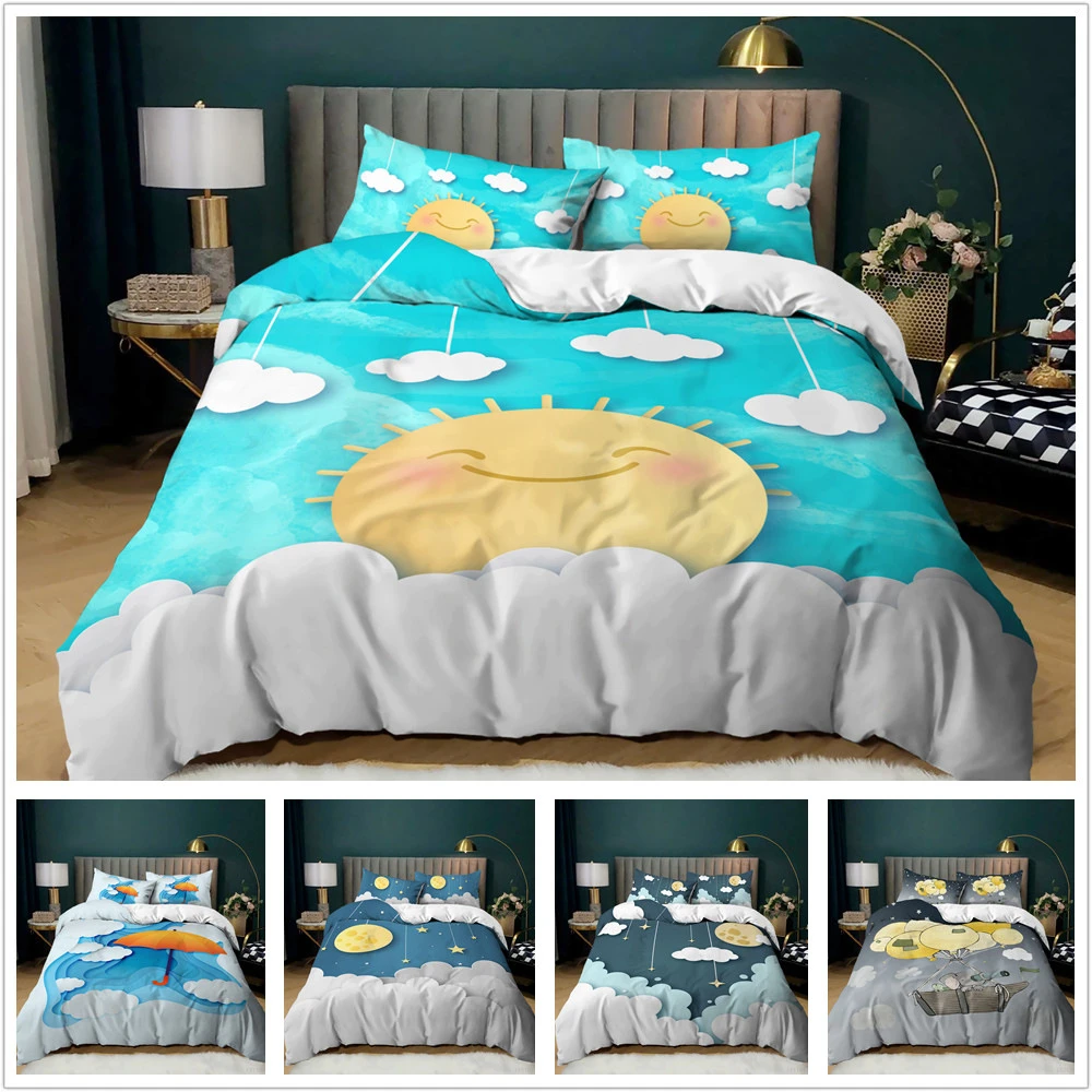 Kids Cartoon Bedding Set Twin Queen Duvet Cover Set Cute Comforter Cover Set for Boys Girls Cute Cloud Quilt Cover&Pillowcase