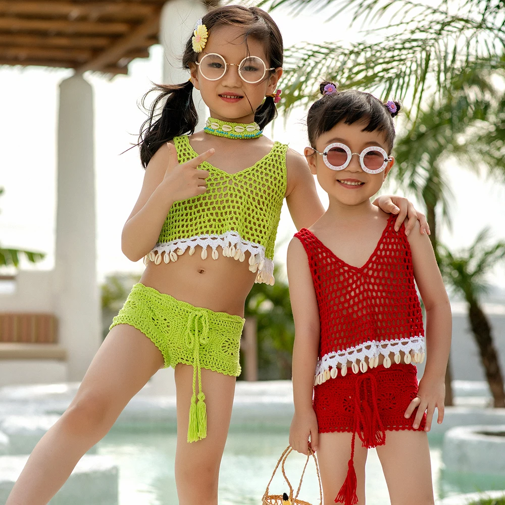 Little Girls Two-piece Crochet Swimsuit Kids Baby Girl Bikini Suit Swimwear Bathing Swimming Swimmer