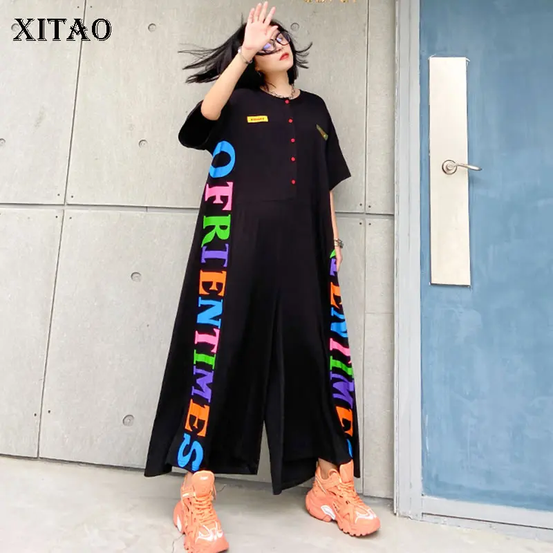 XITAO Tide Plus Size Letter Print Jumpsuits Women Clothes 2020 Summer New Fashion Vintage Pocket Match All Jumpsuits ZLL5238