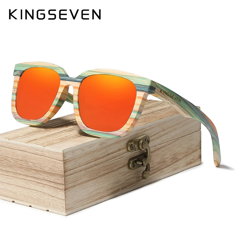 Солнцезащитные очки KINGSEVEN с бамбуковой оправой UV400 для мужчин и женщин зеркальные