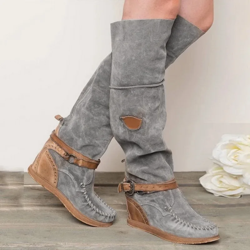 WENYUJH/женские зимние ботинки до середины икры на низком каблуке в богемном стиле; Короткие хлопковые ботинки; женские высокие ковбойские ботинки; модная повседневная обувь - Цвет: gray2