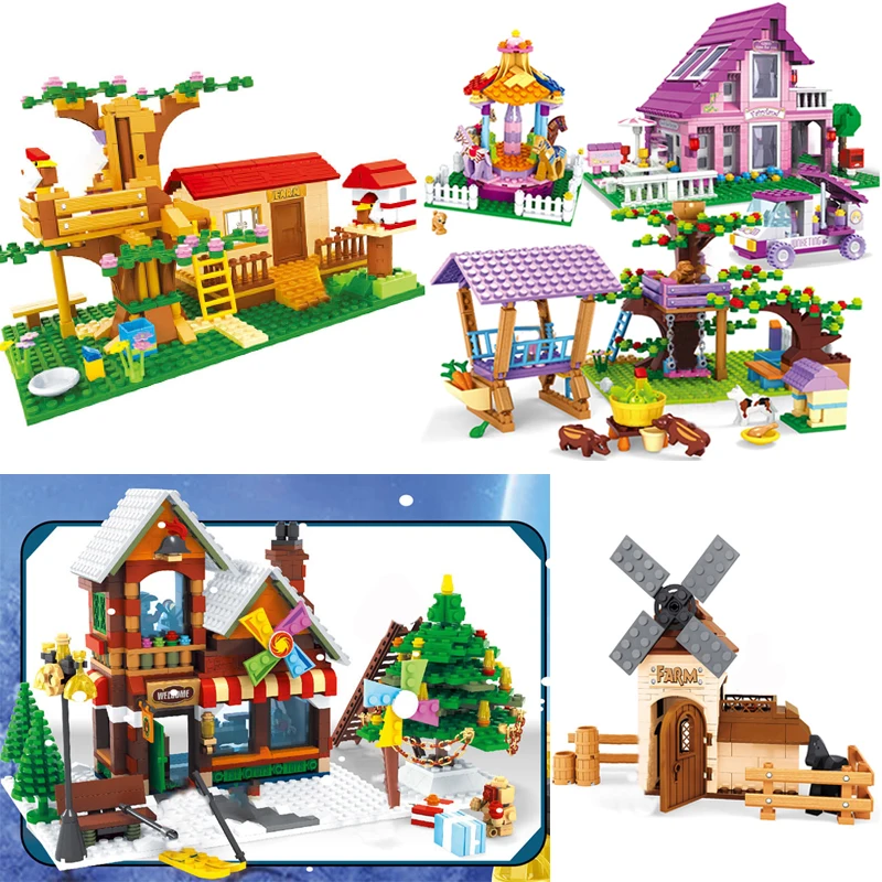 Christmas House tree Carriage Horse Trailer Model Building Blocks construction Friends DIY bricks Toys creative Expert Moc ideas | Игрушки и