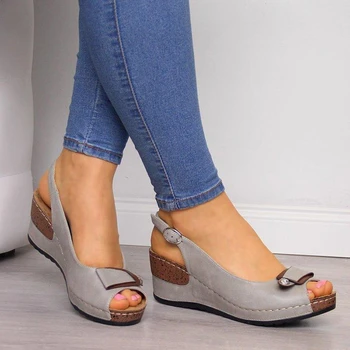 

Woman 2020 Summernew Sandals Concise Flat Wedges Peep Toe Fashion Casual Buckle Strap Platform