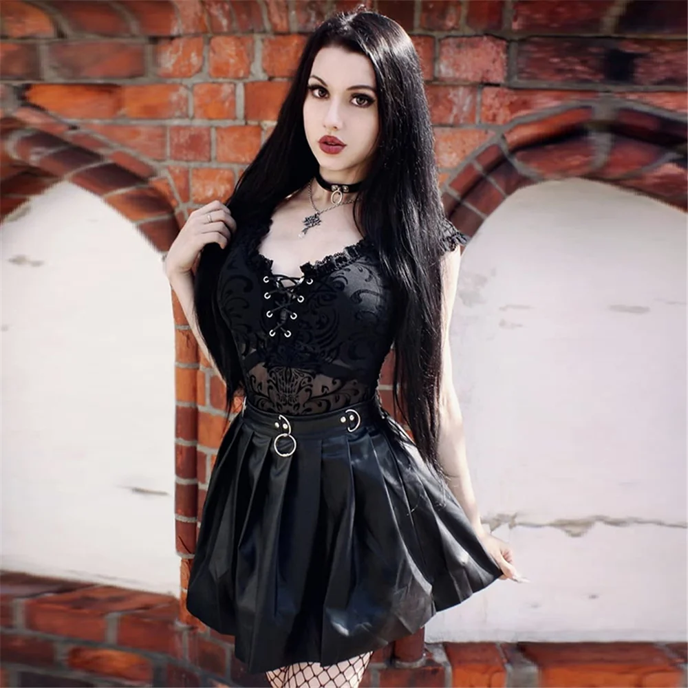 

Three-Ratels Solid Black Lace Bodycon Bodysuit Women Sexy See-through Mesh Party Club Streetwear Gothic Punk Dark Jumpsuit Body