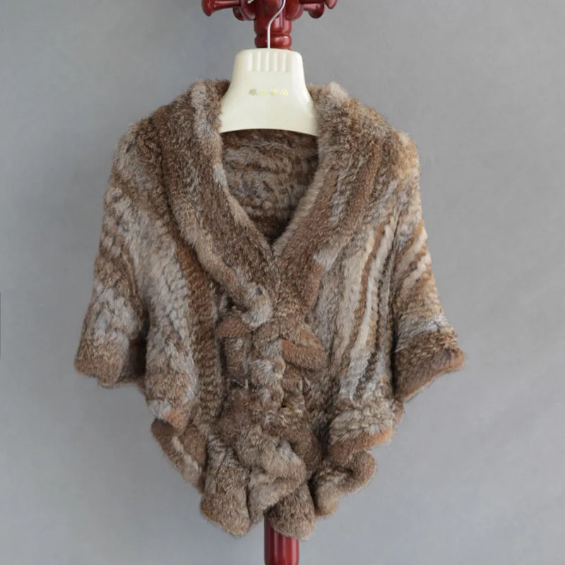 Warm Female New Knitted Rabbit Fur Shawl Winter Soft Women Casual Fur Cape Luxury Thick Wrap Ladies Winter Shawl Genuine - Цвет: CAMEL