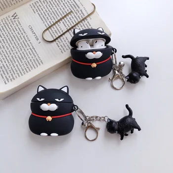 

Cartoon Lucky Fortune Smile Cat Earphone Cases For Apple Airpods 2 1 Black cat Pendant Silicone Charging Boxs Protective Cover