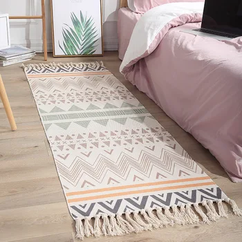 

Cotton Linen Tassel Hand Knitting Carpet Bedside Rug Geometric Floor Mat Bedroom Tapestry Home Decorative Living Room Carpets