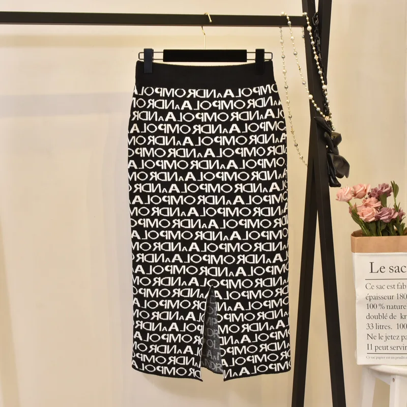 YuooMuoo Женская юбка офисная 2019 новая брендовая дизайнерская трикотажная юбка миди с буквенным принтом Эластичная Высокая талия и бедра