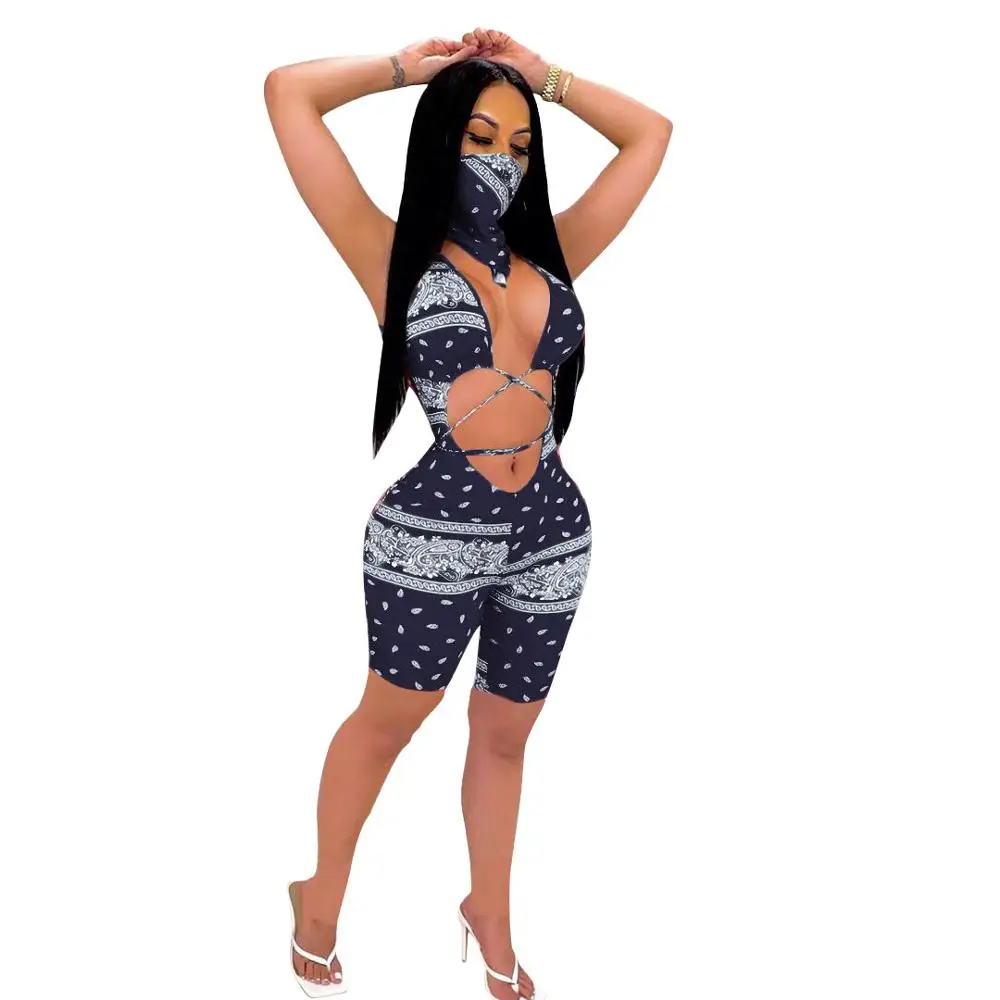 Adogirl Women Sleeveless Lace Up Open Front Jumpsuit Bandana Print Hollow Out Romper With Face Towel Sexy Party Club Bodysuit