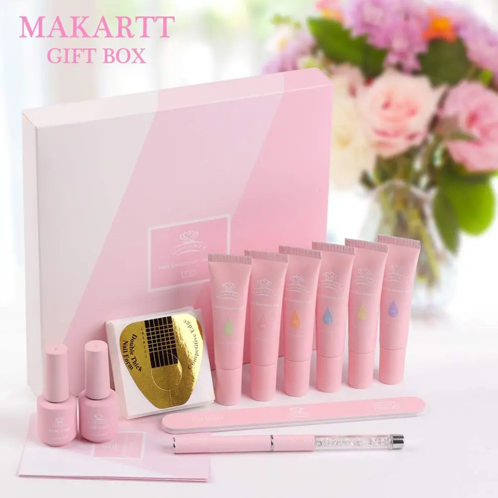 Kit Gel di estensione per unghie in polietilene Makartt, soluzione antiscivolo necessaria Gel per unghie rosa blu con Base Coat Top Coat Starter Kit All-in-One