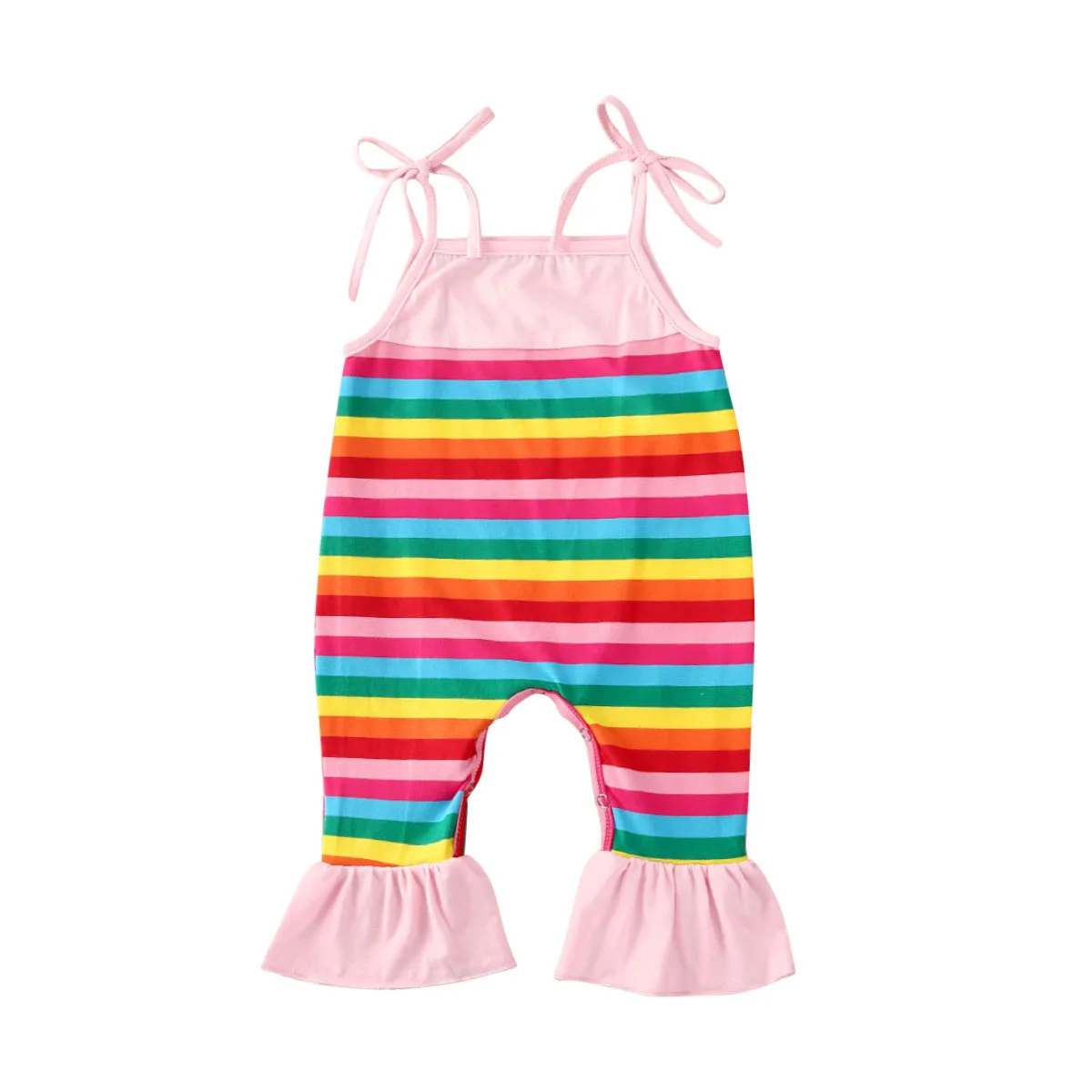 

AA Baby Girls Romper 2020 Sling Rainbow Striped Pattern Loose Outfit Pleated Patchwork Ruffle Button Closure Jumpsuit Romper