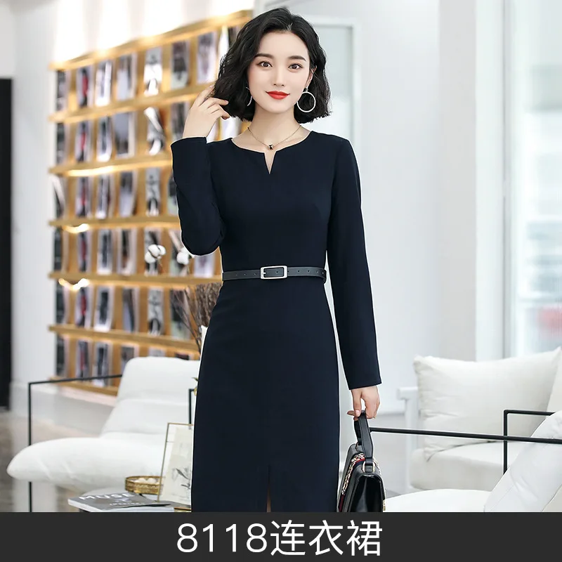 

2019 Autumn & Winter New Style Long Sleeve Slit-Front White Collar Going to Work Small V-neck Business High Dress File Skirt Wom