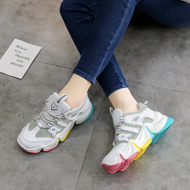 

Summer Korean New Luxury Brands Fashion Trend Rainbow Sole Breathable Mesh Lightweight Non-slip Female Daddy Shoes Free Shipping