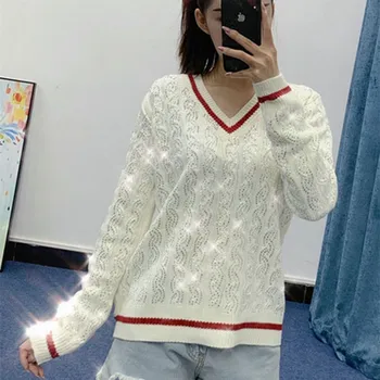

High Quality Luxury Crystal Beading Sweater 2019 V Neck Twist Knit Autumn Winter Thick Sweater Women Loose Sweater Jumpers P-223