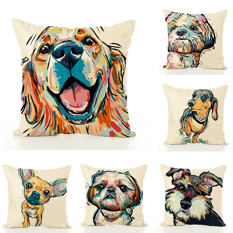 

Cotton Linen Pillow Case Schnauzer Bull Terrier Painted Bull Dog Dachshund 3D Cushion Cover for Home Sofa Cojines