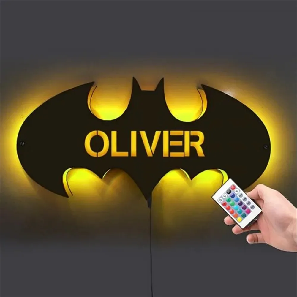 Personalized Wooden Bat USB LED Lamp with Name Decor LED Night Light for Children Custom Wooden Engraved Name Bat Wall Lights plug in wall sconce