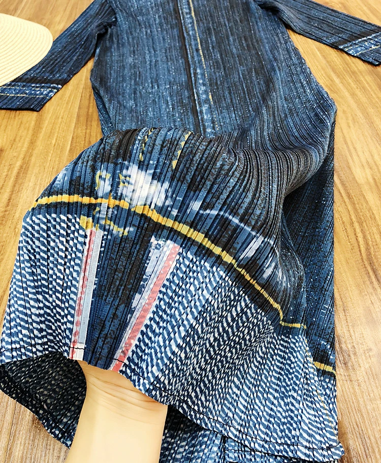 Miyake плиссированные женские платья новые осенние модные большие размеры повседневные свободные ковбойские с круглым вырезом до колена складные платья