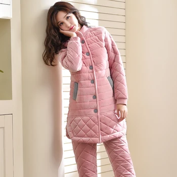 

Winter female pajama set warm coral velvet quilted pajamas stand collar thicken Simple long sleeves long style women's clothing