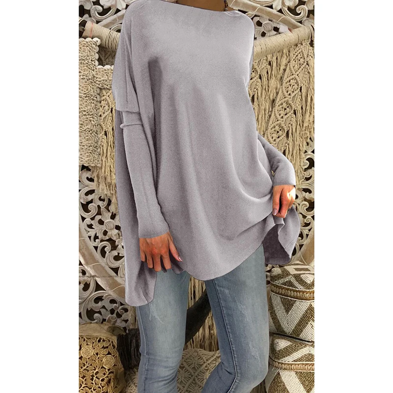 Модный Женский Повседневный однотонный длинный рукав летучая мышь Свободный вязаный пуловер Топы ворсистый джемпер футболки Плюс Размер - Цвет: grey