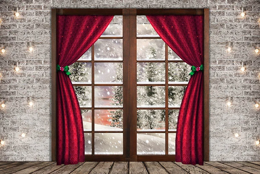 Рождество Trsses фотография заднего фона красный занавес кирпичный светильник настенный камин деревянный пол рождественские украшения для дома