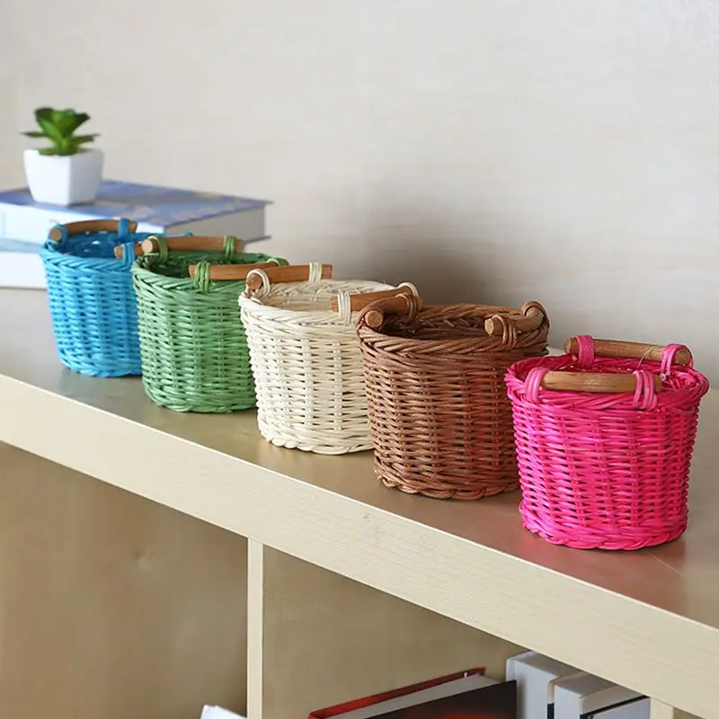 Mini cestas decorativas de mimbre, cesta de almacenamiento tejida,  organizador de escritorio, soporte para bolígrafos, macetas