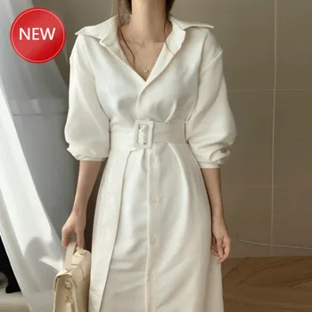 

Women Spring Long Sleeve Sexy Long Shirt Dress with Waistbelt Single Breasted Plus Size Casual Solid DressesKorean