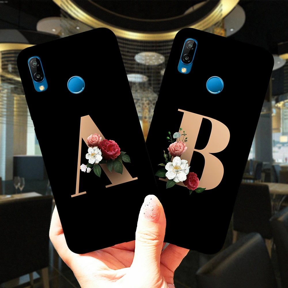 Черный силиконовый чехол для Huawei P40 Lite Pro Flower 26 английское имя буквы на заказ