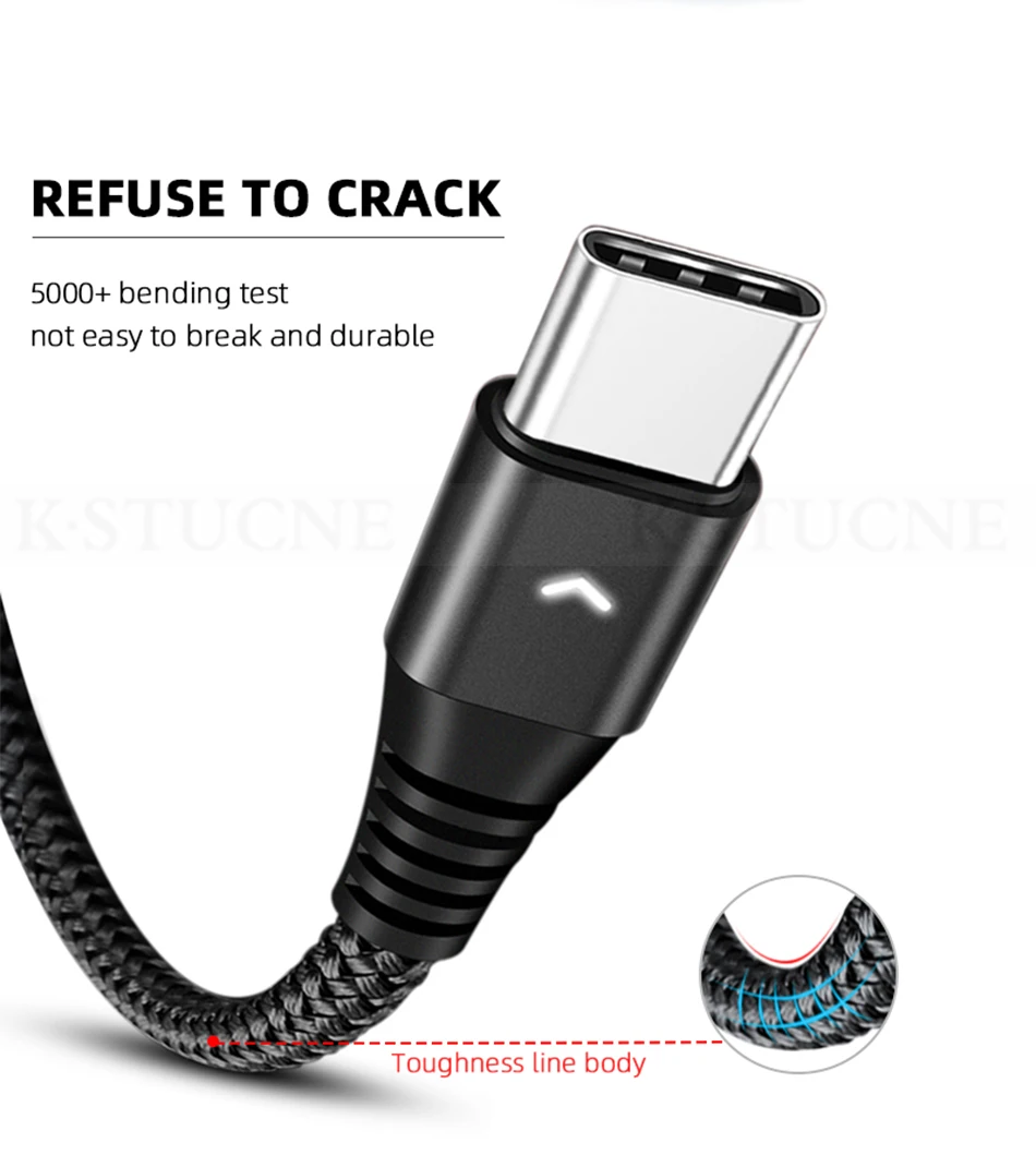 KSTUCNE Тип usb C кабель 1,2 м/1,8 м светодиодный 2.4A быстрой зарядки кабель usbc для samsung A50 A70 A30 huawei P30 P20 Lite Тип usb-usb-c