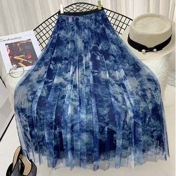 

Tie Dye Print Pleated Skirts Women 2019 New Autumn Winter Elastic High Waist Mesh Long Skirt Harajuku Streetwear