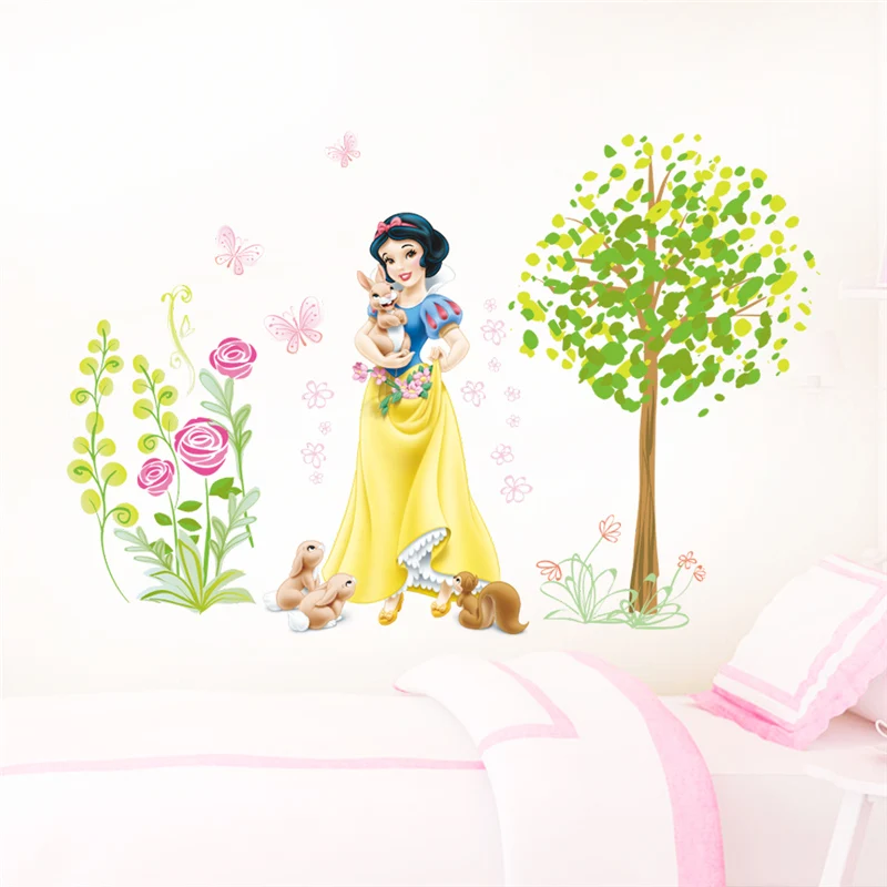 Cartoon Disney Snow White Tiana Princess Flowers Garden Wall Stickers For Kids Room Decoration Diy Mural Art Girl's Wall Decals