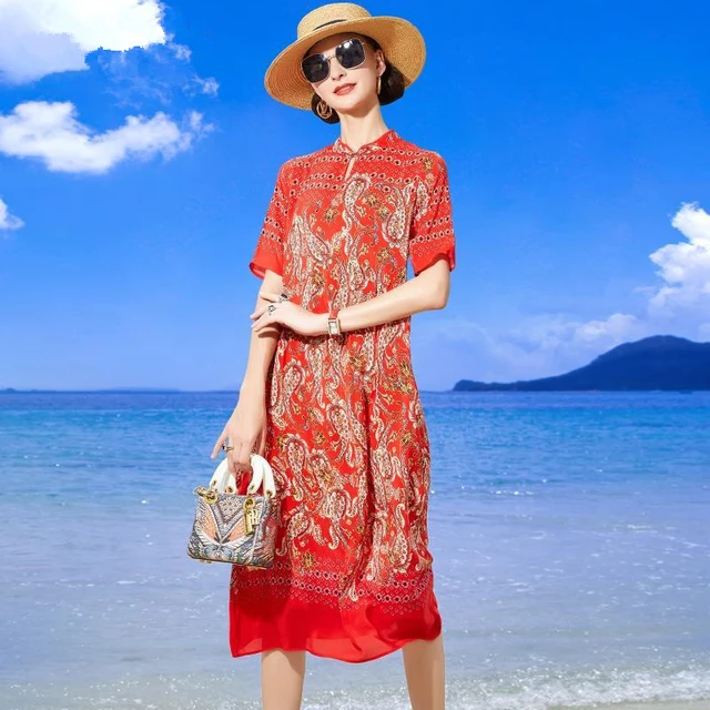 Summer Spring Vintage 5XL Plus Size Dress Women Chinese Style Red Print  Mulberry Silk Midi Dress Elegant Bodycon Party Vestidos - AliExpress