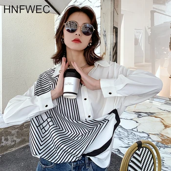 

Women Striped Hit Color Split Blouse New Lapel Long Sleeve Loose Fit Shirt Fashion Tide Spring Autumn 2020 T423