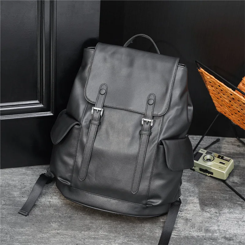 

2022 Men's backpack waterproof leather Laptop bag solid black Backpacks Large capacity Male backpack Casual travel bag pack