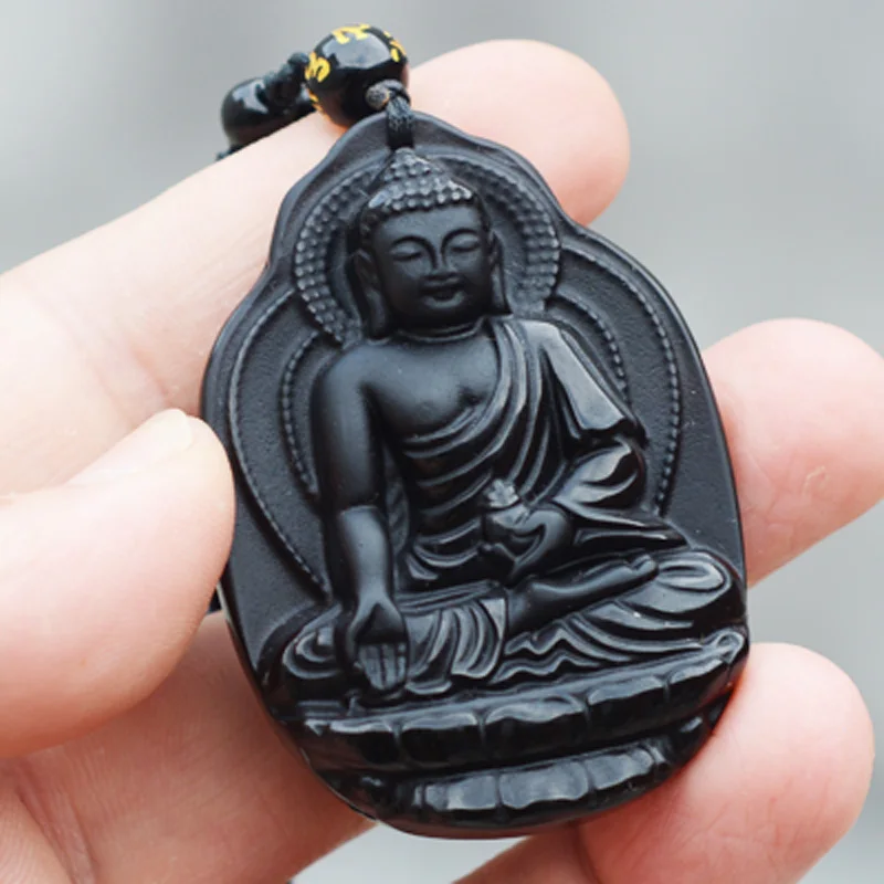 

Men Necklace Pendant Black Obisidan Carved Guanyin Amitabha Buddha Pendant Gift for Women Male's Fine Jade Stone Jewelry