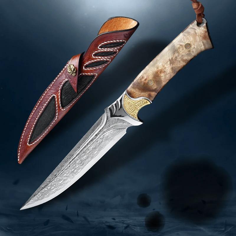 Damascus Steel Hunting Knife White Shadow Wooden Handle Fixed Blade Knife Camping Knife Outdoor Tool Tactical Knife
