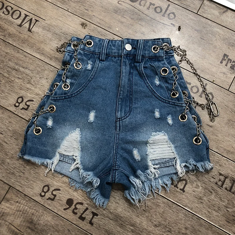 

Summer Ripped Jean Shorts for Woman New Burr Worn-out Side Metal Chain High Waist Denim Shorts Night Club Ladies Sexy Hot Pants