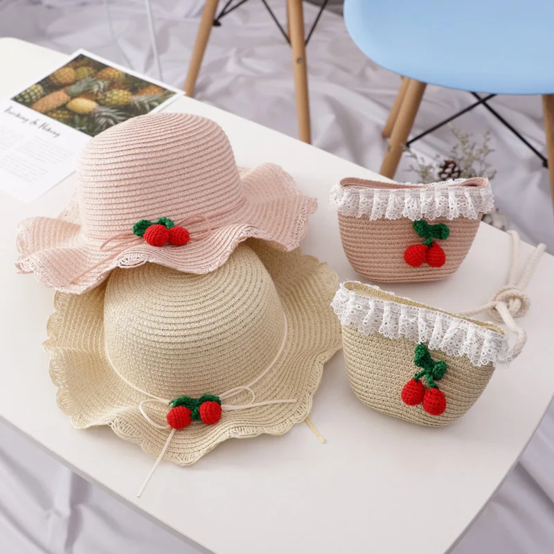Set med stråhatt och väska för flickor med körsbärsmönster_voghion.com